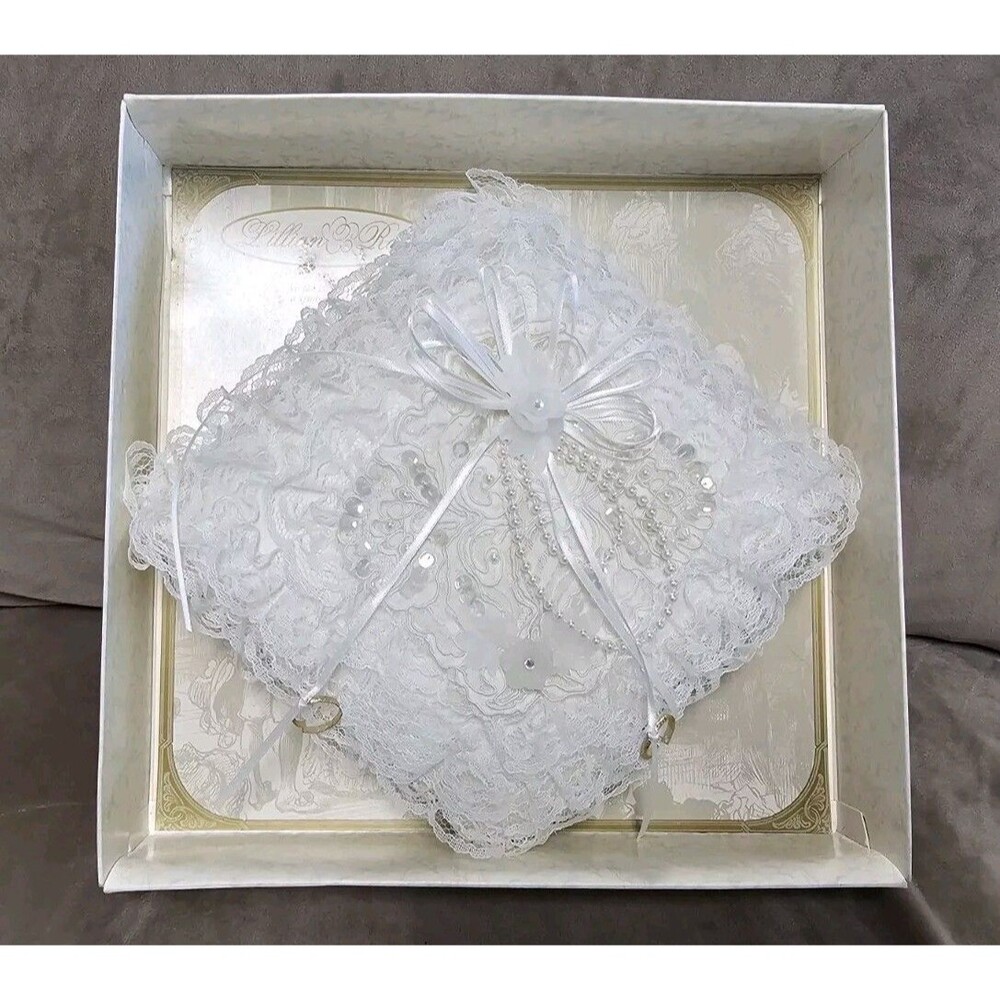 Lillian Rose Ring Bearer Pillow Vtg Layers of Lace Sequins Faux Pearls Ribbons